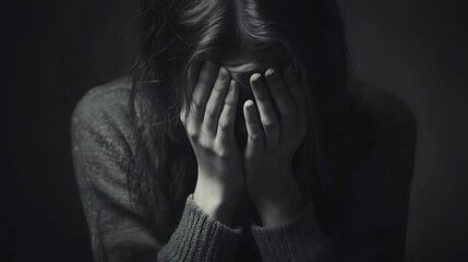 A woman with long hair sits in a dark room, hands covering her face in a pose of sadness.