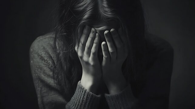 A woman with long hair sits in a dark room, hands covering her face in a pose of sadness.
