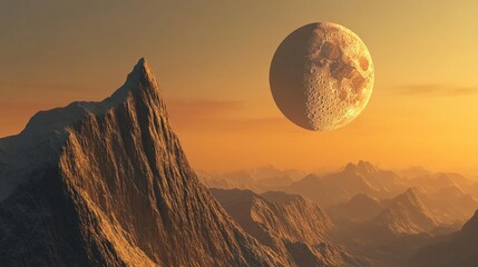 The Moon setting over a mountain range, bathed in golden hues during sunrise, creating a serene and picturesque scene