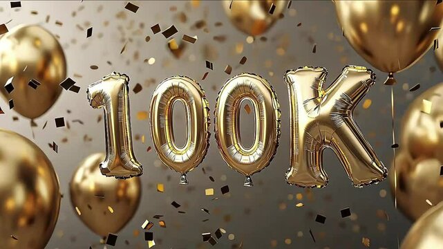 hundred thousand subscribers celebration foil golden balloons text "100K" with many colorful flying confetti