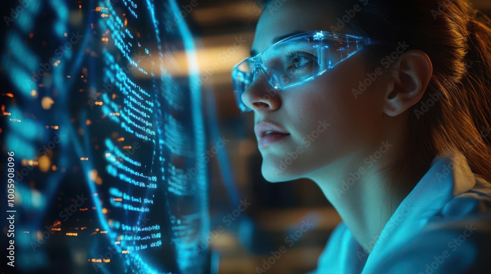 Poster focused scientist analyzing digital data with futuristic interface and protective glasses in a moder