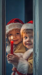 Children in Santa Suits with Candle Peeking Behind Door