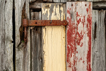 The timeworn door features vibrant peeling paint and a rusty hinge, reflecting the passage of time in a serene rural environment.