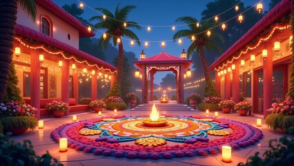 Festive courtyard decorated with colorful Rangoli and lanterns, illuminated at dusk for celebration