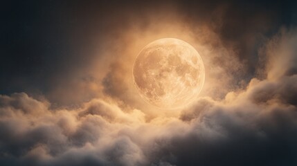 Obraz premium The Moon surrounded by wispy clouds, glowing softly in the night sky, creating a dreamlike and serene atmosphere