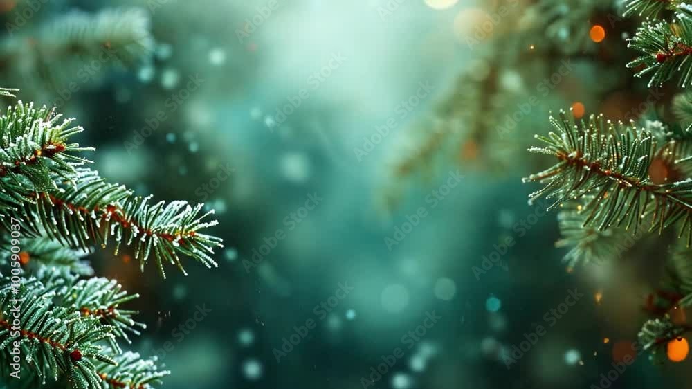 Poster evergreen branches covered in a light dusting of snow create a cozy atmosphere as soft snowflakes fa