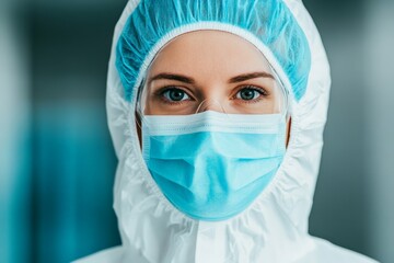 Close-up portrait of a medical professional wearing a protective suit, mask, and goggles, highlighting their intense focus and professionalism.