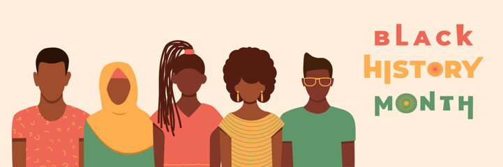 Horizontal banner Black History Month. Poster design with black men and women. Vector faceless illustration.