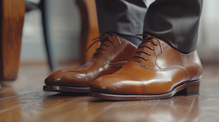 A close shot of a man&acirc;s polished leather shoes with neatly tied laces, reflecting elegance and attention to detail.