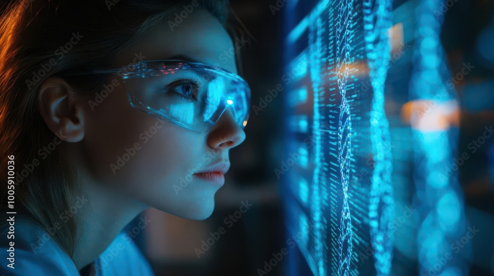 Poster focused scientist in safety glasses analyzing digital data on a screen, representing innovation and 