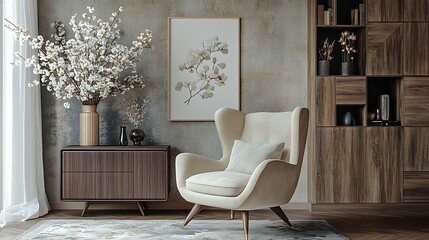 A white armchair with a pillow sits on a rug in a room with a wooden cabinet, a vase with white flowers and a framed print of a flower.