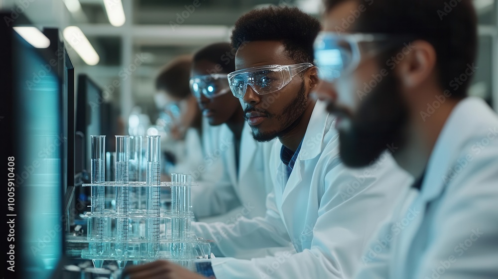 Aufkleber focused scientists conducting research in a modern laboratory, analyzing data on computers and worki