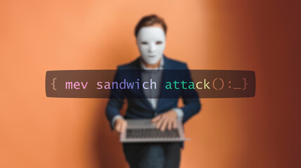 Cybersecurity concept mev sandwich attack on foreground screen, hacker silhouette hidden with low poly style mask. Vulnerability and attack on colored code editor. Text in English, English text