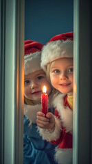 Children in Santa Suits with Candle Peeking Behind Door