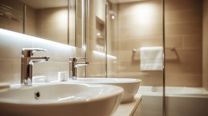 Fototapeta premium Modern bathroom with elegant sinks and a glass shower enclosure.