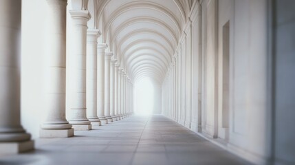 A serene corridor with arches and columns leading to a bright light.