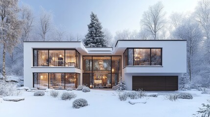 Modern White House with Garage Covered in Snow During Wintertime, 3D Rendering of Suburban Home