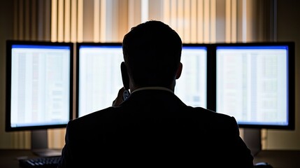 Suspicious Person on Call with Multiple Computer Screens