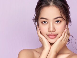 Beautiful young woman with clear skin, soft features, and gentle expression, posed against a pastel purple background.