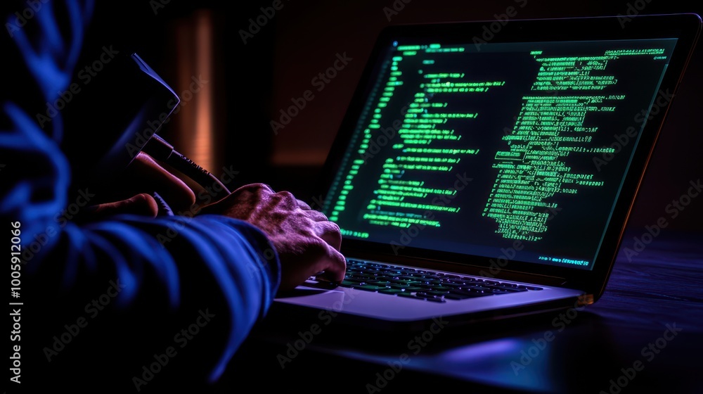 Poster hacker working late in dark office with laptop