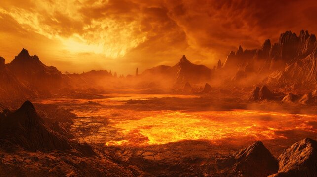 Venus surface depicted with lava plains and volcanic mountains, under its dense and toxic atmosphere