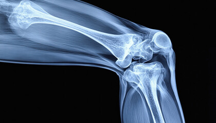 Naklejka premium X-ray image of human knee showing bones and ligaments