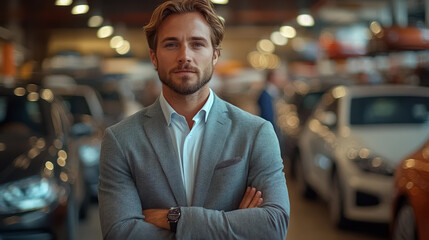 Fototapeta premium An automobile salesman stands in the sales room of a car dealership