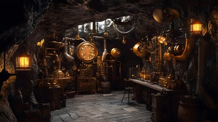 Steampunk Workshop Inside a Cave