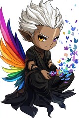 Naklejka premium Fantasy Character with Rainbow Wings and Scattered Petals