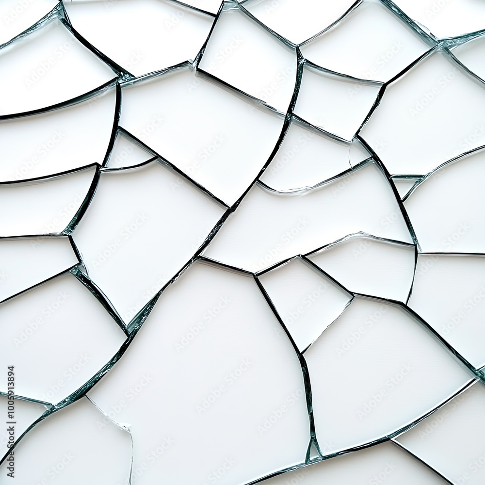 Poster close-up of a broken mirror, showcasing intricate patterns of shattered glass reflecting light in un