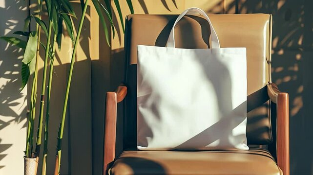 White canvas tote bag on vintage leather armchair with sunlit plant shadows