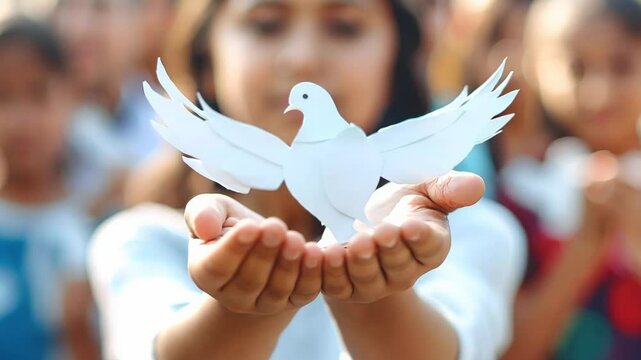Child holding origami dove symbolizing peace and hope among friends