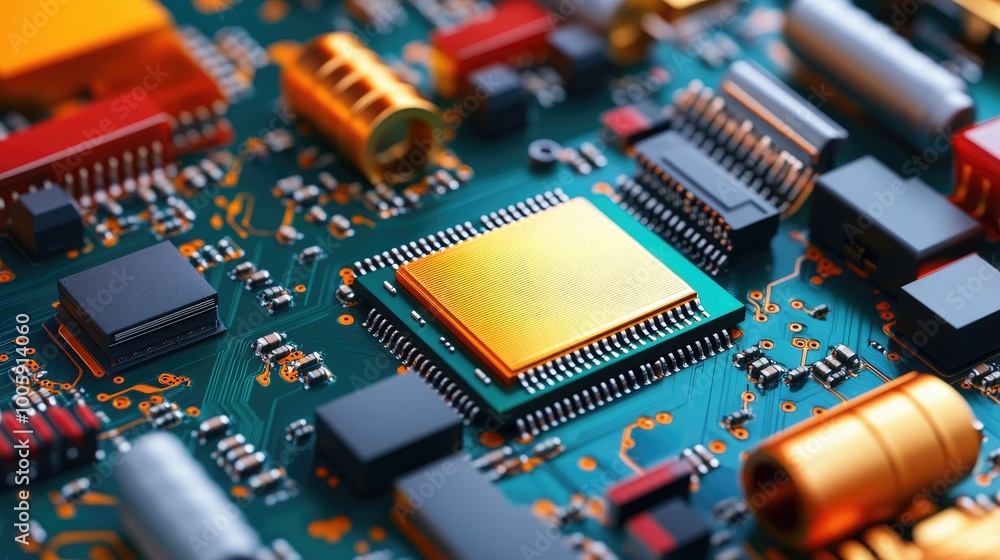 Poster close-up of a computer circuit board featuring intricate components and vibrant colors, showcasing m