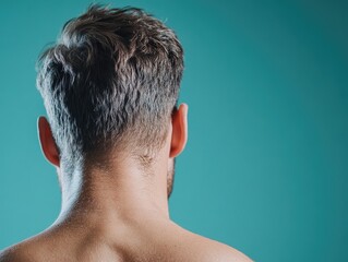 Obraz premium Close-up of a man's nape with stylish haircut against a teal background, showcasing skin and hair texture beautifully.