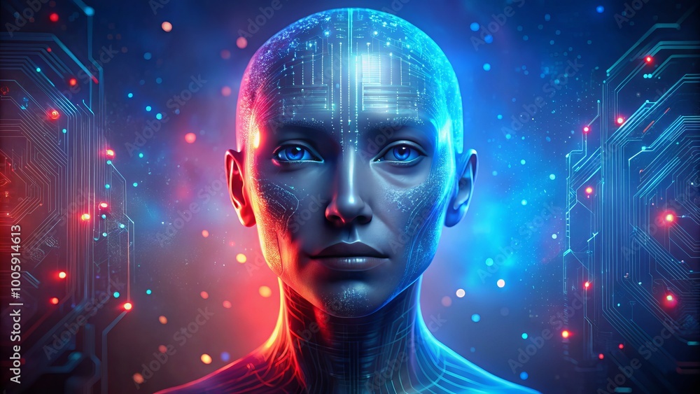 Aufkleber digital humanoid face in blue and red emerging from misty background with circuit patterns in stunni