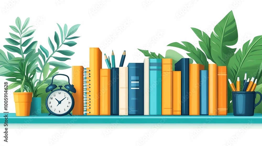 Poster a shelf with books and a clock.