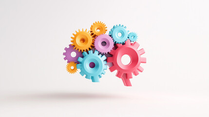 Colorful gears representing creativity and innovation, forming brain like shape. This image symbolizes connection between mechanical processes and cognitive functions.