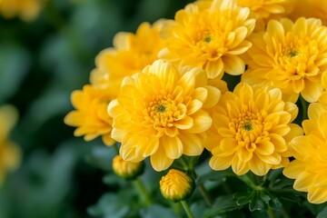 Obraz premium Close-up of bright yellow daisies in full bloom against a blurred background.