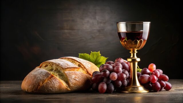 Taking communion with wine and bread symbols on black background, communion, wine, bread, Christian, Eucharist, sacrament