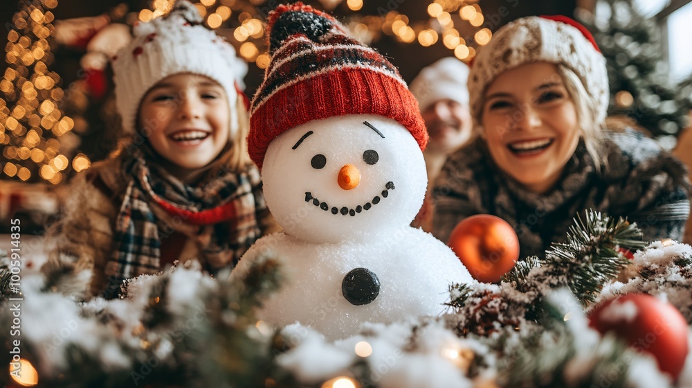 Aufkleber children laughing and placing a carrot nose on a snowman while their grandparents watch in the backg