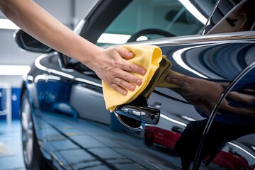 Hand wipes shiny car with yellow cloth, reflecting person and door handle