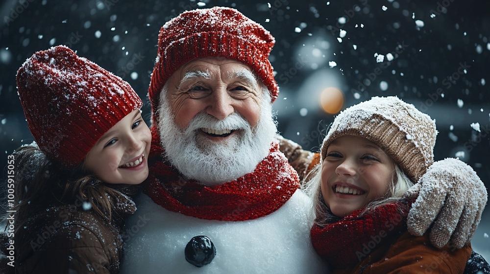 Poster elderly couple and grandchildren posing next to a fully dressed snowman with a red scarf and hat hol