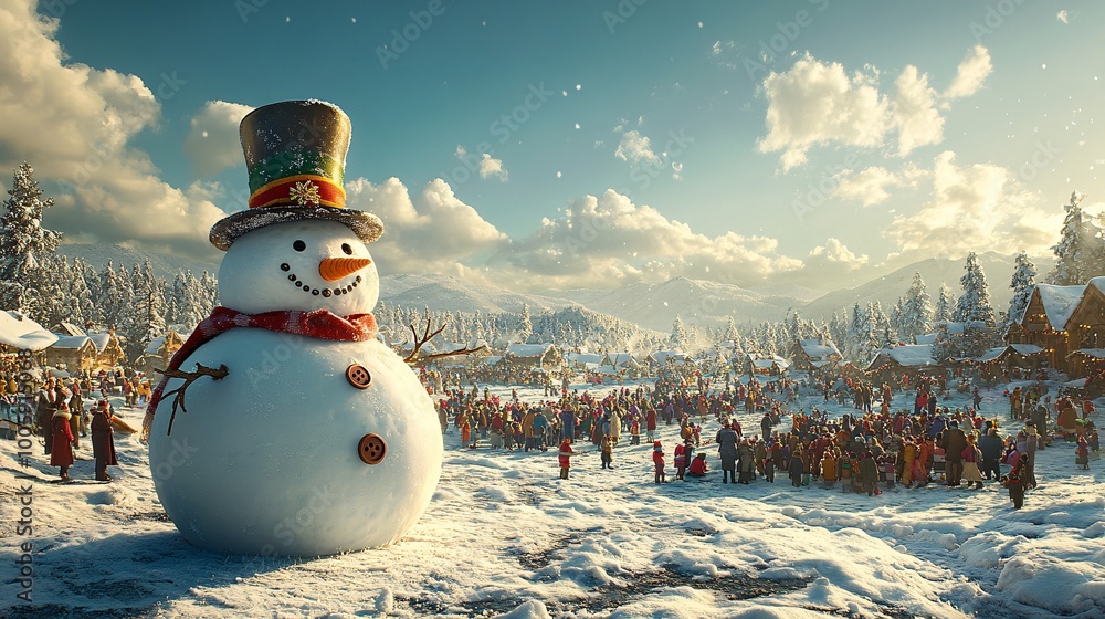 Aufkleber Three generations gathered around a snowman with a top hat and buttons creating joyful holiday memories in a scenic winter wonderland Large space for text in center Stock Photo with copy space