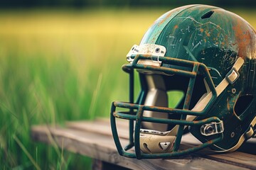 Fototapeta premium Close-up of a worn football helmet resting on wooden surface, surrounded by lush green grass, highlighting sports equipment texture.