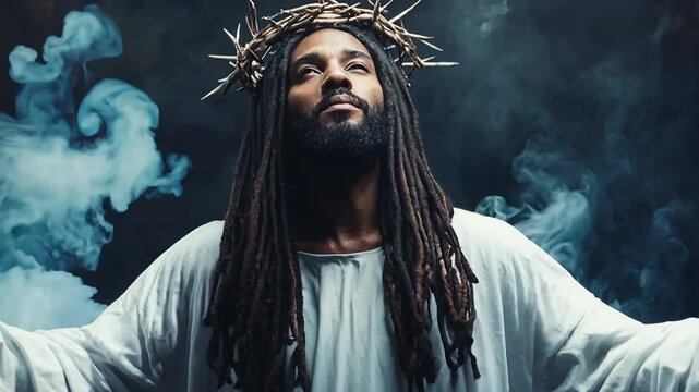 Portrait of a dark skin Jesus Christ with dreadlocks and a crown of thorns in dramatic lighting