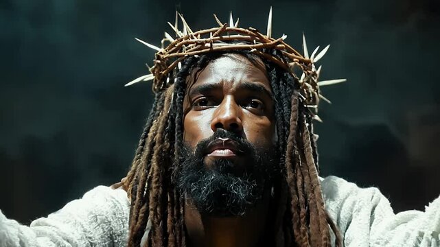 Portrait of a Black Jesus Christ with dreadlocks and crown of thorns in white garment with outstretched arms