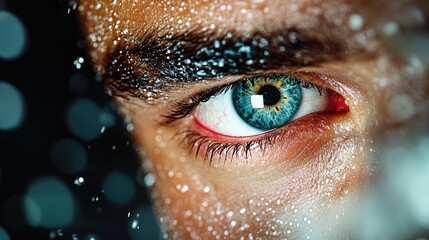 Close-up of an eye with vibrant colors and droplets, showcasing detail and depth in a striking visual composition.