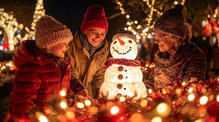 Young kids and their grandparents building a tall snowman with a carrot nose and button eyes in a park filled with Christmas decorations Large space for text in center Stock Photo with copy space