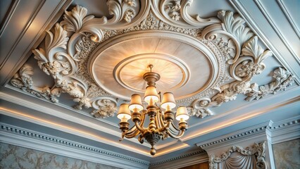 Fototapeta premium Elegant Ceiling Decoration with Plaster Cast and Embedded Lamp in Eclectic Interior Design Architectural Detail
