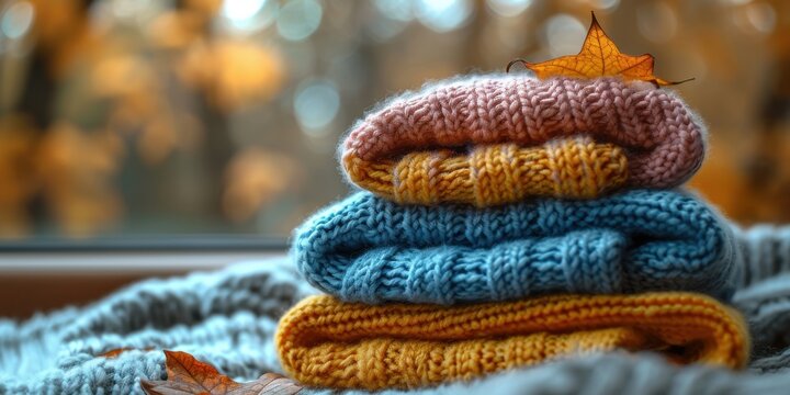 A pile of knitted warm clothes on an autumn background with copy space